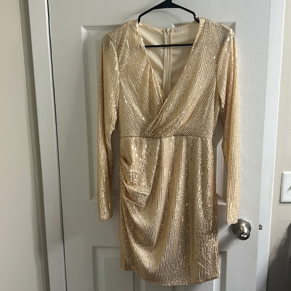 Gold sequins cocktail dress, long sleeve mid thigh length